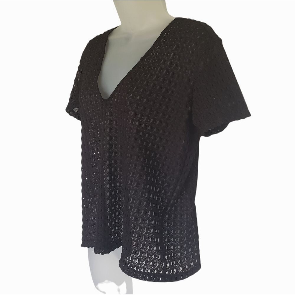 Zara Black Textured Top Open Knit Womens Size M Pullover Short Sleeve